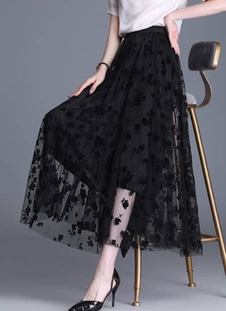 Two-sided flocked mesh skirt for women, slim, medium-length, new spring style, high-waisted A-line skirt, pleated skirt with large swing