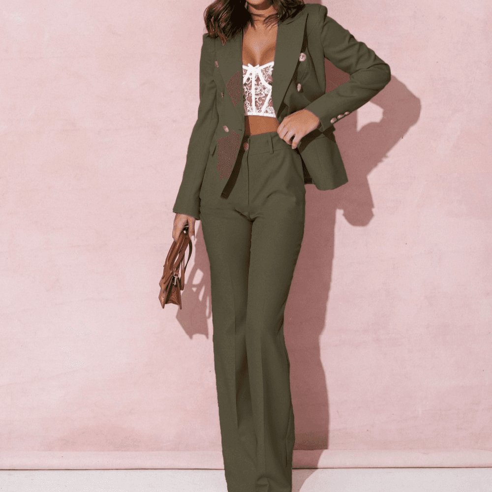 Women's Double Breasted Business Suit Set - Professional Blazer & Pants - Slim Fit Office Wear For Women