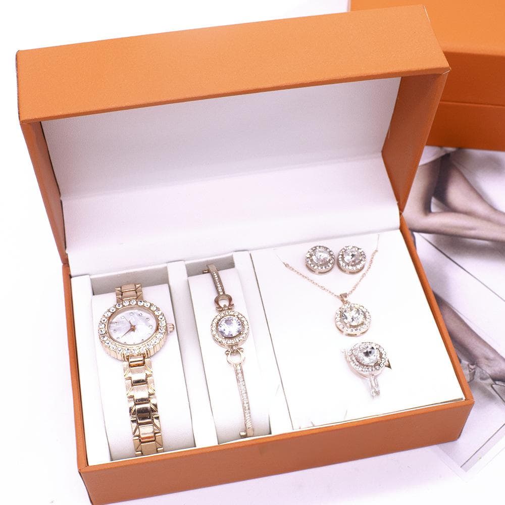 Luxury Women's Jewelry Gift Set - Rose Gold/Silver Watch With Necklace, Bracelet, Earrings & Ring, Elegant Quartz Timepiece & Matching Accessories