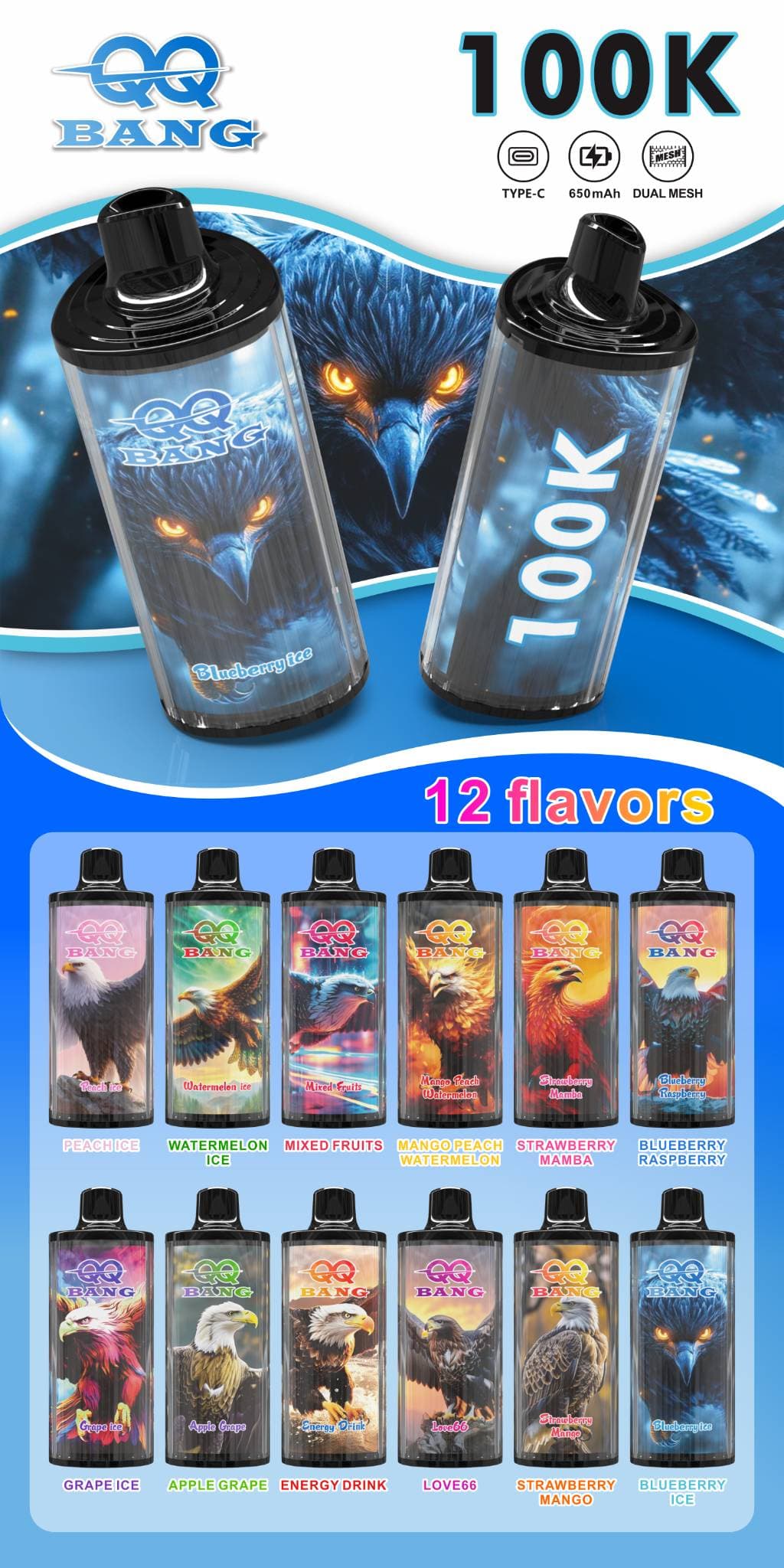 BANG KING 100K bouffées / Affichage du niveau de carburant et de la batterie sur l'écran / Faible résistance / Charge rapide