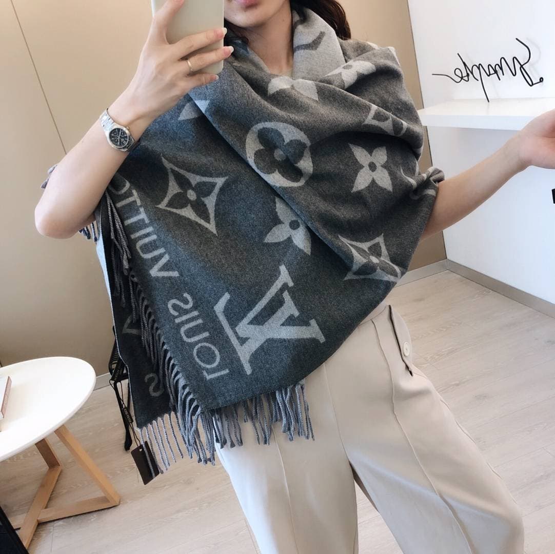 Écharpe à franges jacquard double face LV, 180 x 65 cm, 330 g+, chaude et élégante, pour tous les âges, résistante et d'un excellent rapport qu