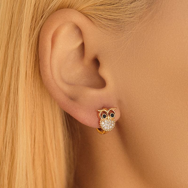 Animal owl ear buckles inlaid with zircon exquisite small earrings copper plated K real gold unique design niche earrings
