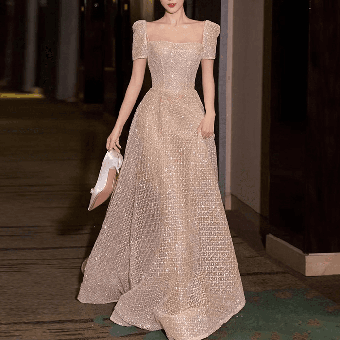 Elegant Square Neck Wedding Dress - Slim Fit Bridal Gown With Sparkling Sequins (A-Line Silhouette Lightweight Tulle For Ceremony & Evening Banquet)