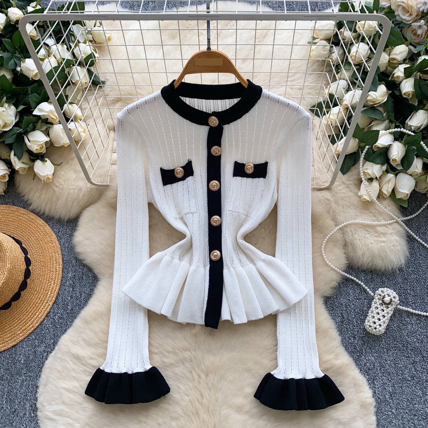 Women's Clothing Metal Button Waist Long Sleeve Luxury-Inspired Contrast Trim Metal Button Long Sleeve Knit Top – Slim Fit High Waist Staple For Fall