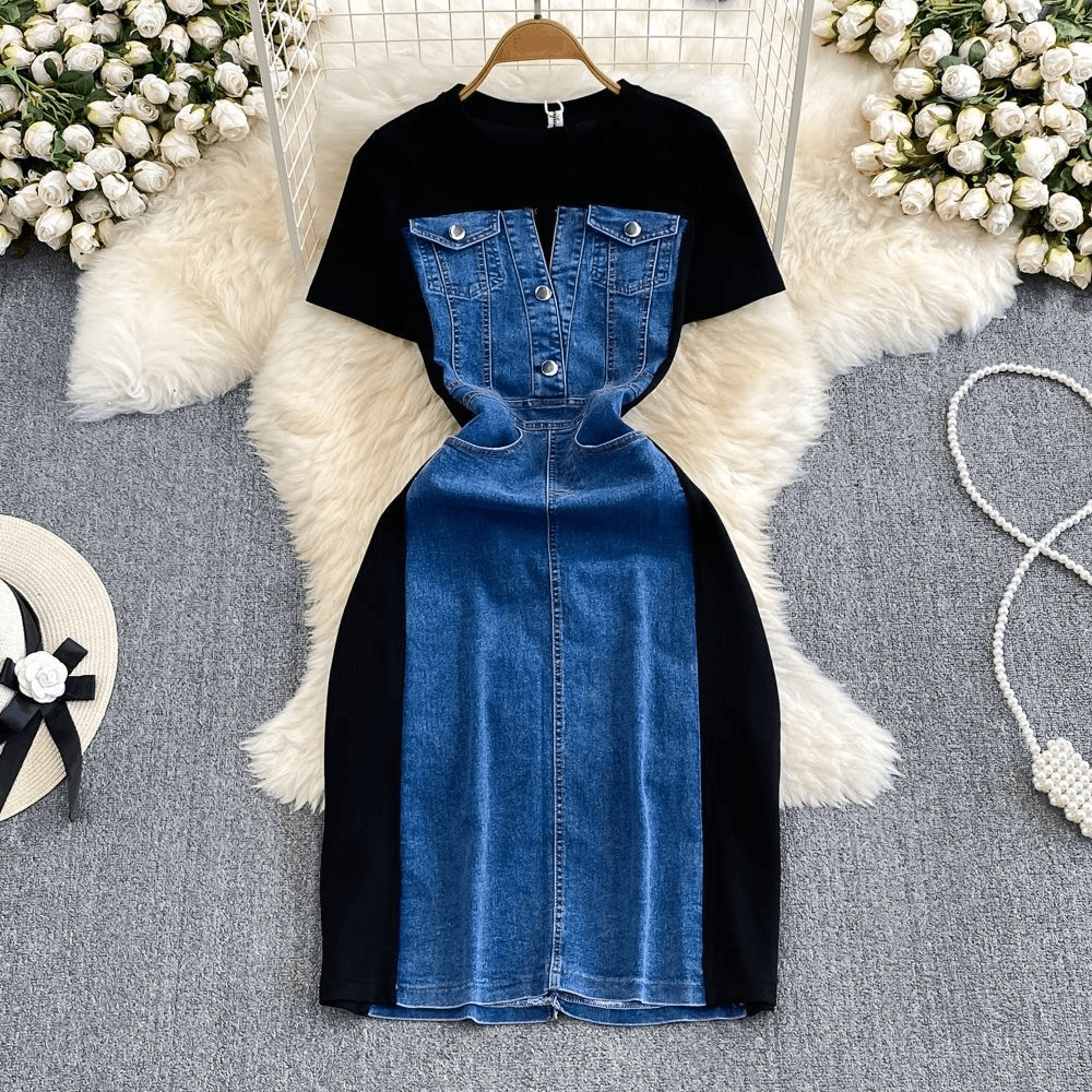 ladylike Temperament Short-sleeved Round Neck Waist Slimming Denim Splicing A-line Dress Casual T-shirt Skirt