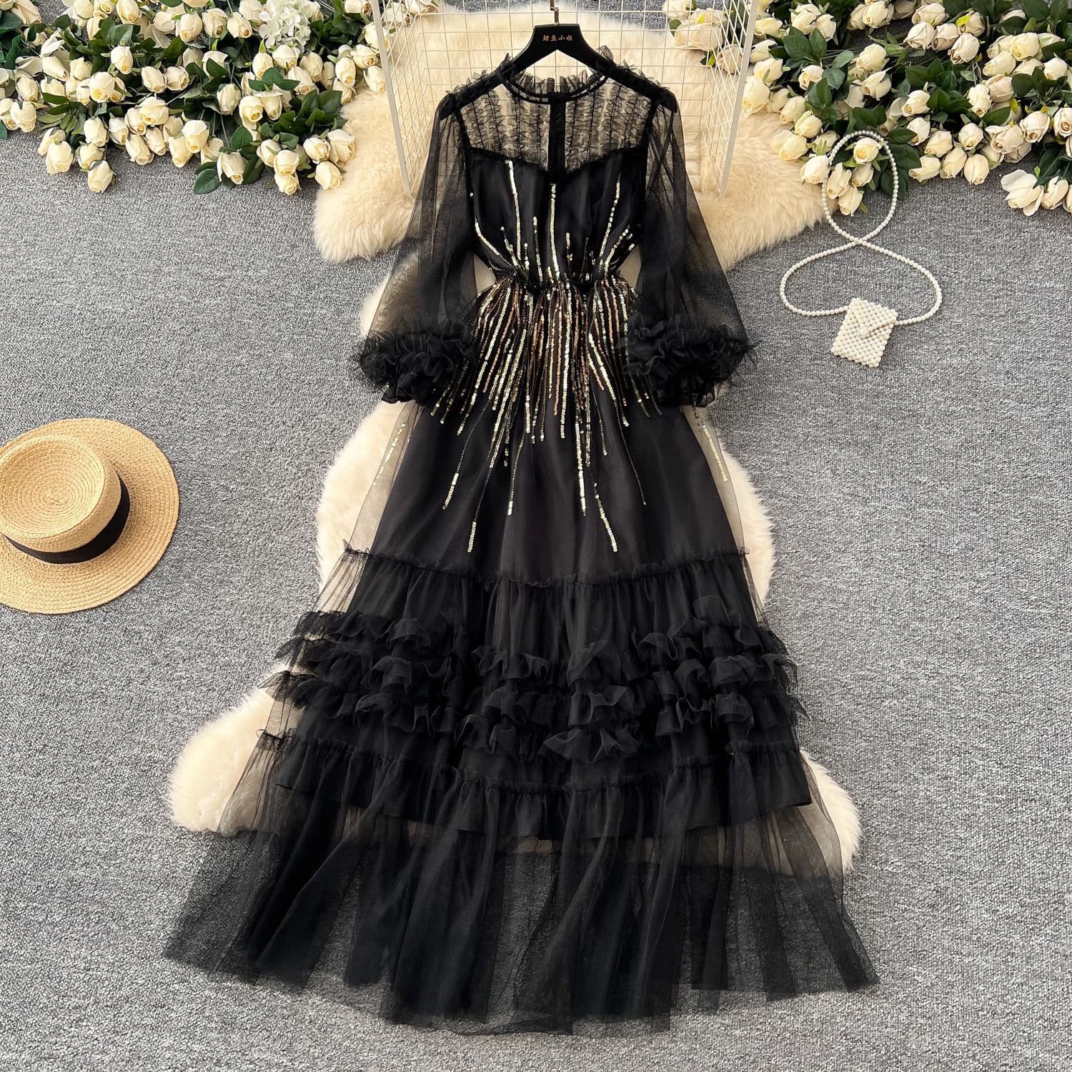 Elegant Long Sleeve Embroidered Mesh Dress With Sequins & 3D Lace For Women - Slim Fit Formal Gown