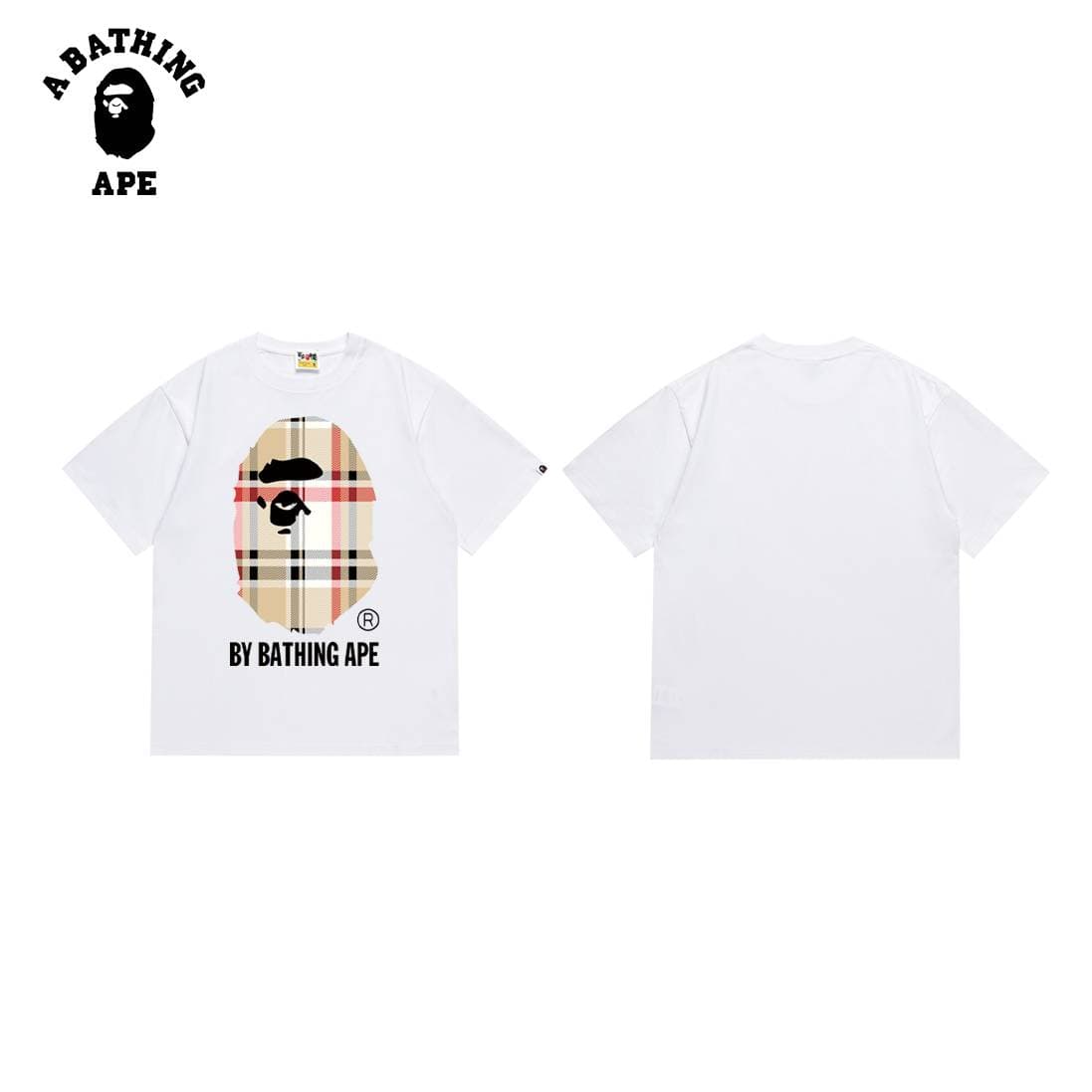A BATHING APE BAPE-Plaid Monkey Head Letter Printed Short Sleeved T-shirt Made Of Pure Cotton Fabric