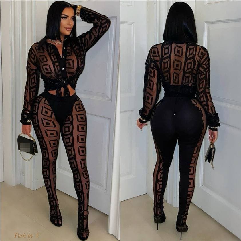 Y2671 Sheer Mesh Printed Shirt & Pants Set – Sexy Lingerie-Inspired Outfit | Long Sleeve & High Waist (S-XXL)