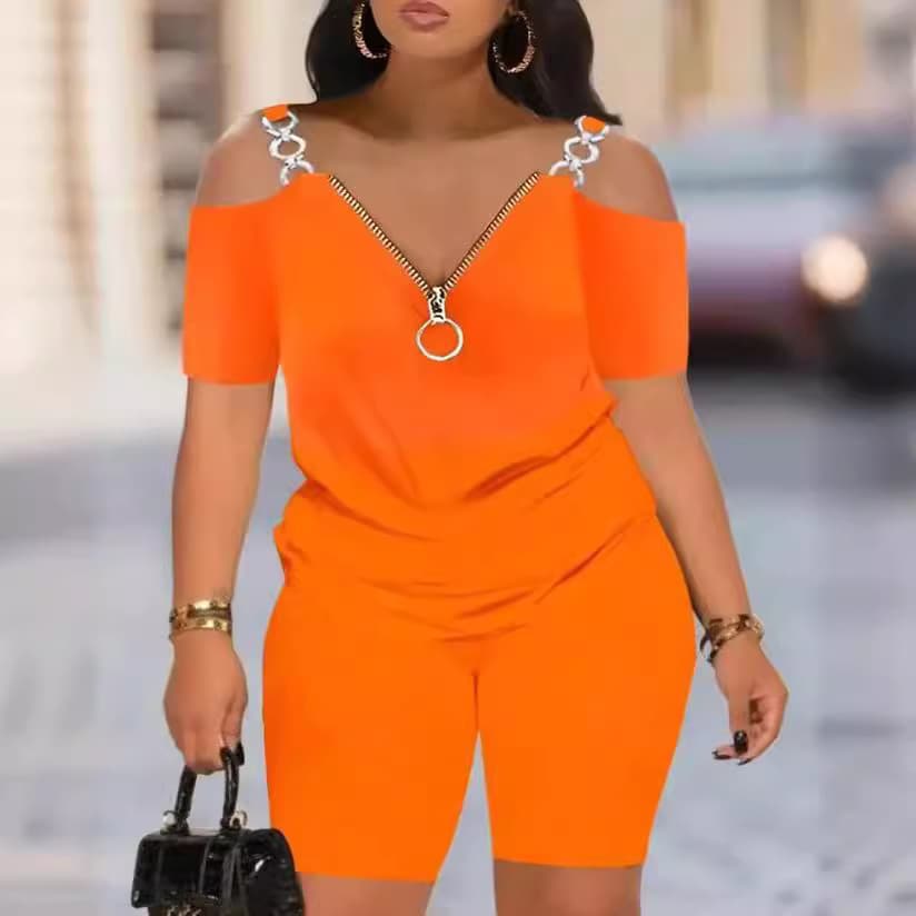 Women's Clothing Elegant Off Shoulder Splicing Zipper Short Sleeved Shorts Two Piece Suit