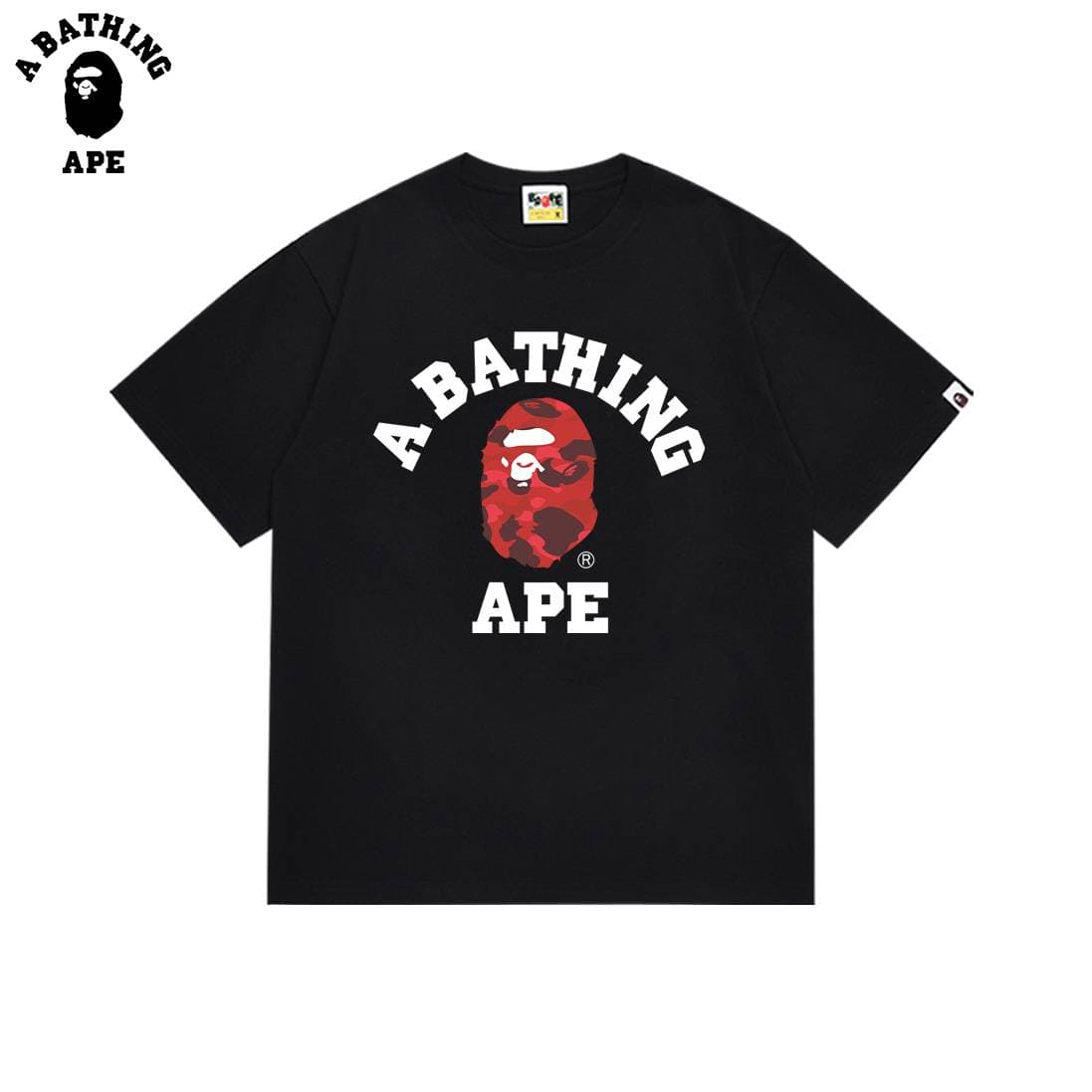 A BATHING APE BAPE-Classic Letter Combination Ape Head Pattern Pure Cotton Short Sleeved Shirt