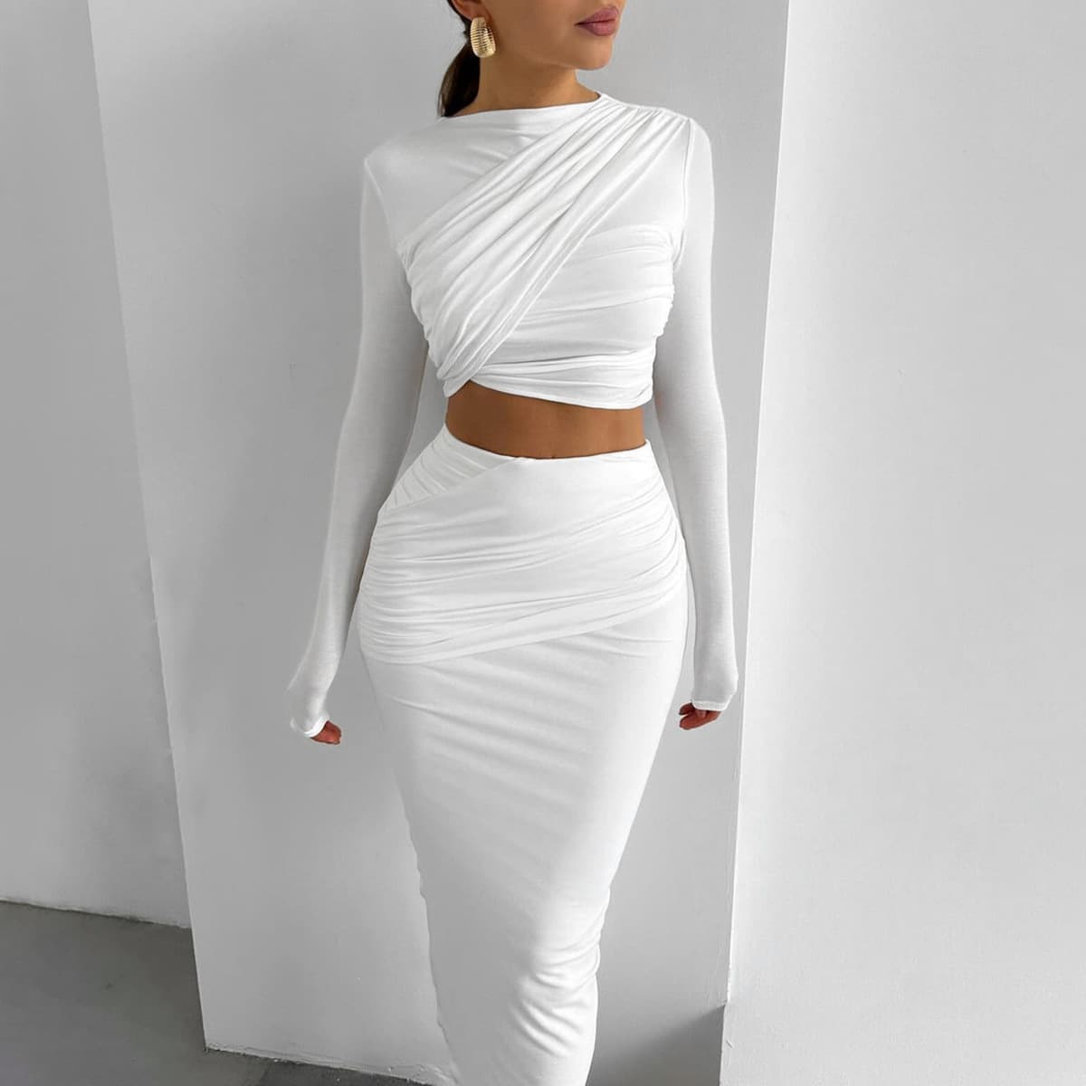 Women's 2-Piece Outfit 2024 Fall Winter Fashion Crop Top & High Waist Skirt Set Casual Elegant Office Wear