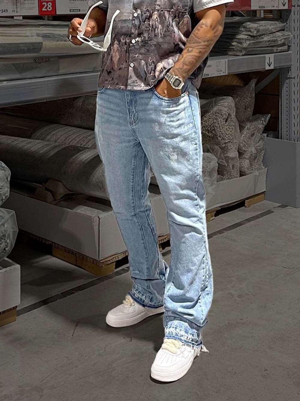Men's Clothing Foreign Trade American Retro RO Style Drawstring Zipper Gradient Washed Distressed Loose Wide-leg Mopping Workwear Jeans For Men