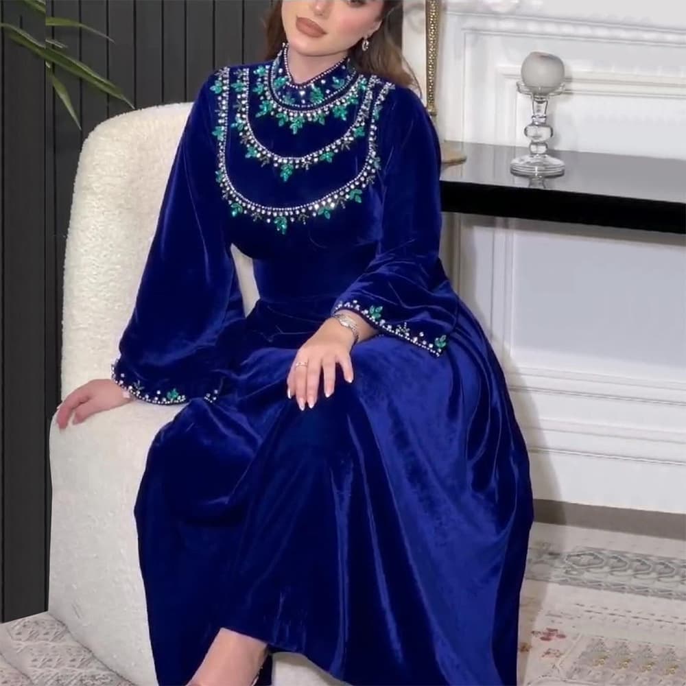 Women's Clothing Abaya Robe Velvet Zipper Green Water Drop Diamond Dress