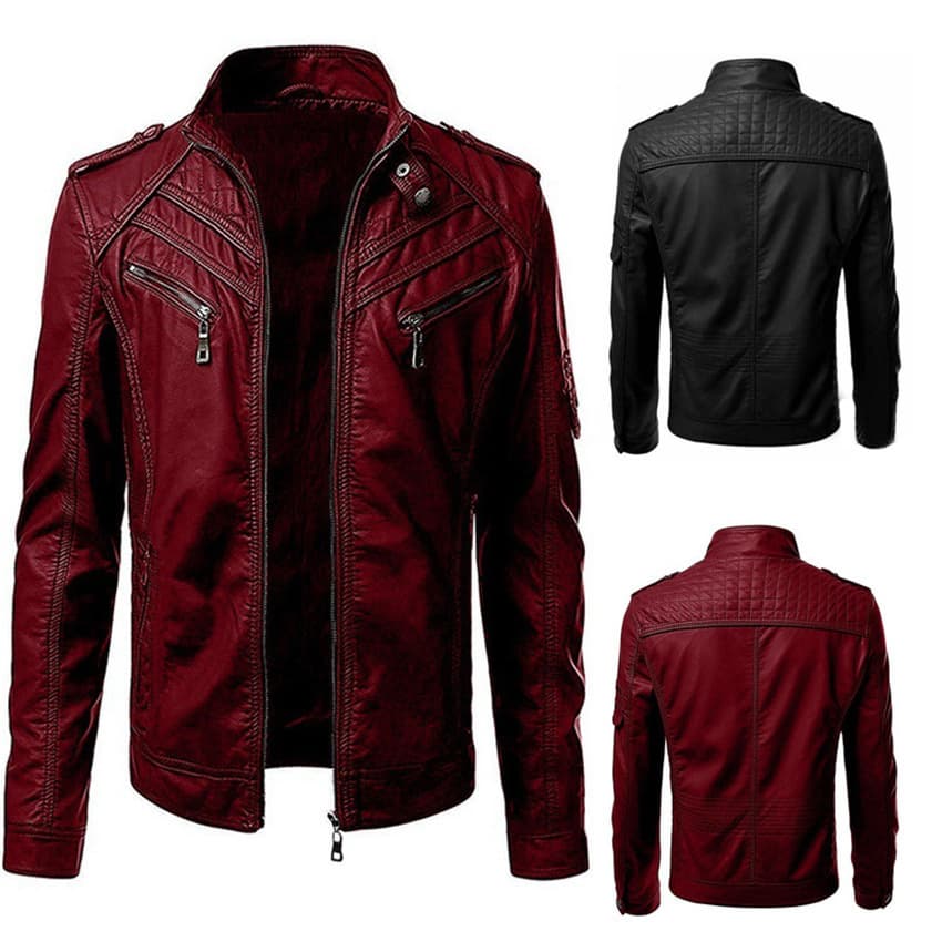 2024 autumn casual leather with men's color patchwork stand up collar jacket