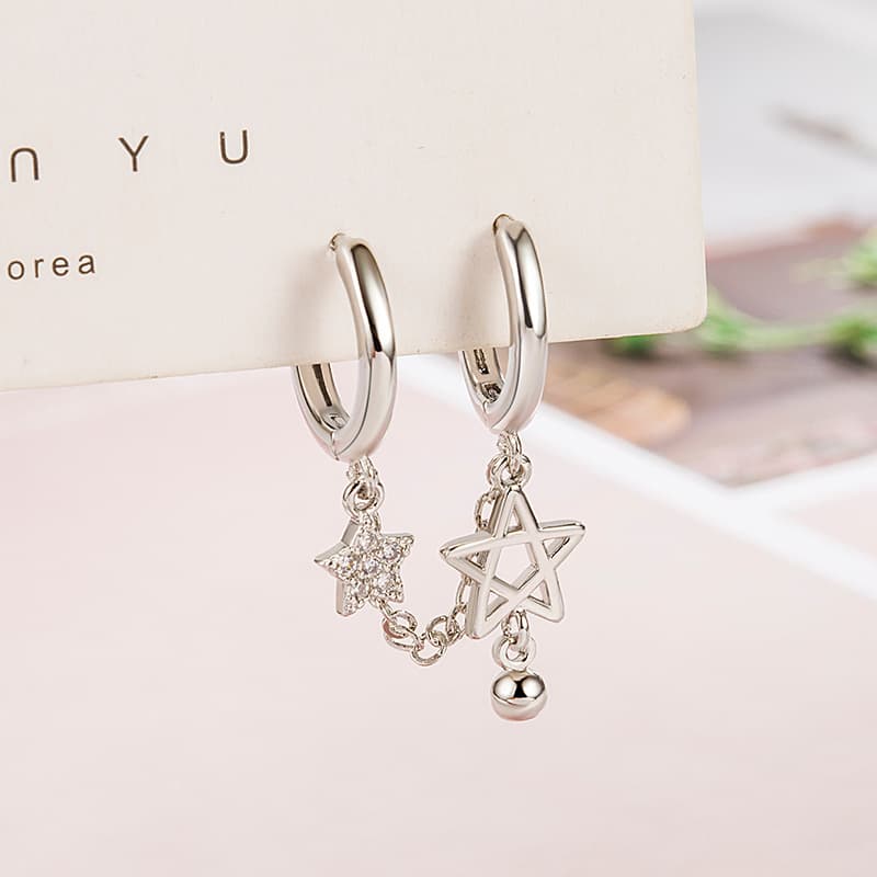 Flash diamond double ear hole net red tassel star heart earrings personality design small fresh earrings female trend