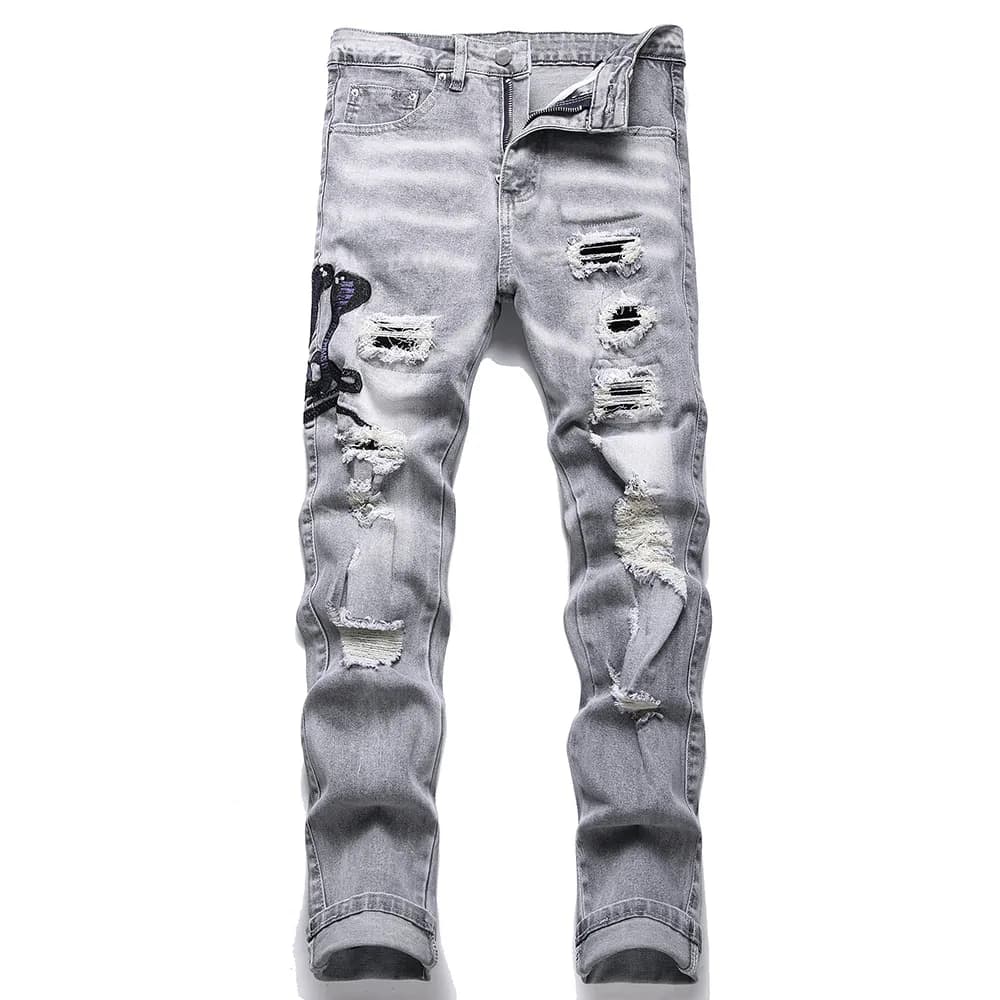 Men's Light Blue Ripped Skinny Jeans Low Waist Slim Fit Embroidered Trousers European Style High Street Trendy Long Pants