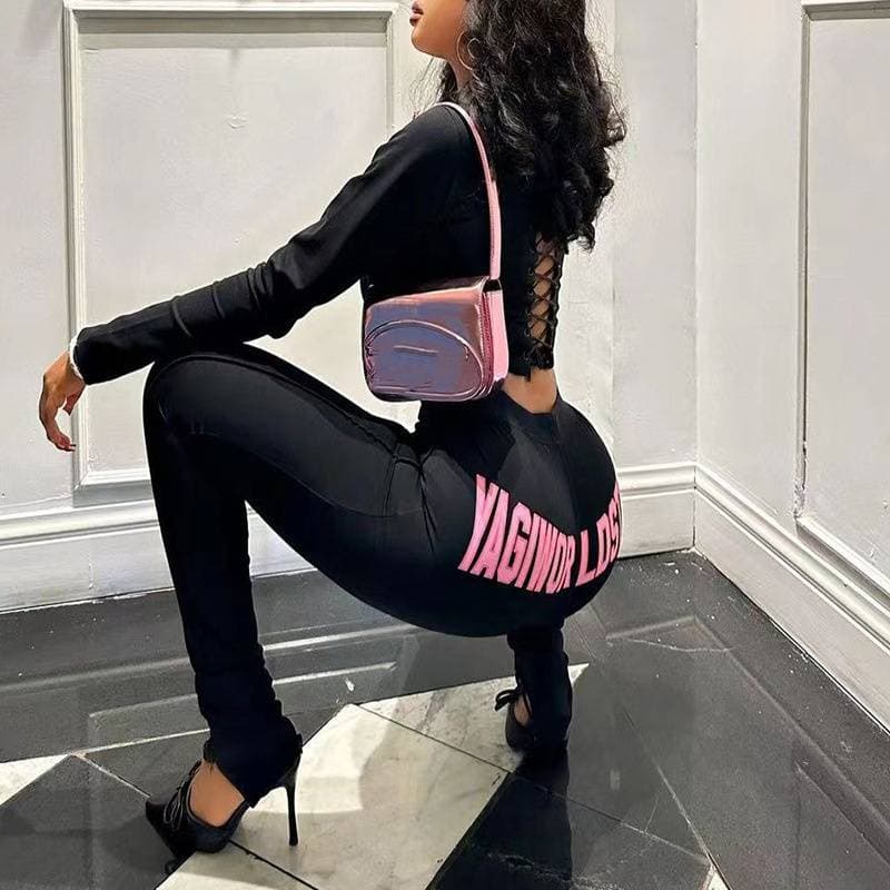 Women's Clothing Long sleeved knitted zipper top tight pants two piece suit