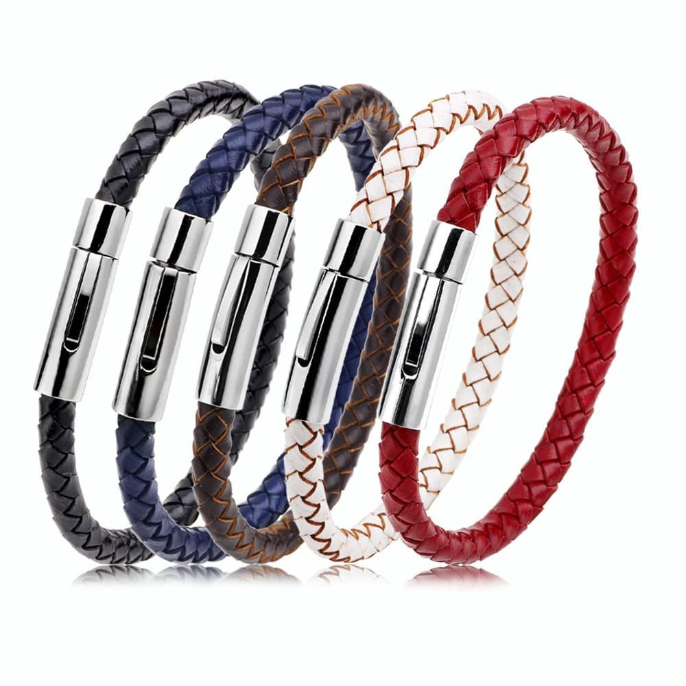Men's Jewelry Fashion Simple Stainless Steel Buckle Bracelet Cowhide Braided Wave Checkered Personality Bracelet