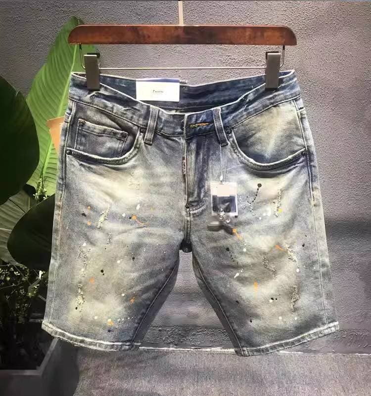 Men's Clothing Summer Splatter Denim Shorts For Men Light Color Distressed Mid-Length High-End Design Cool And Stylish Embroidered Five-Point