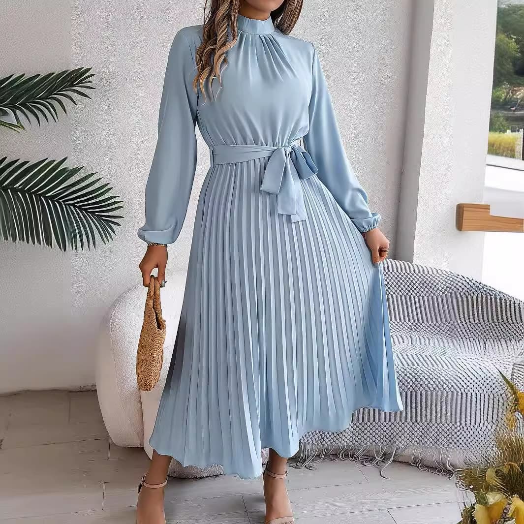 Women's Clothing Elegant Stand Up Collar Long Sleeve Waist Pleated Long Skirt Small Dress