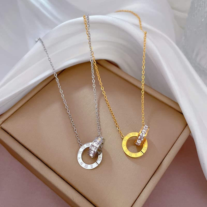Luxury Elegant Crystal Circle Choker Fashion Roman Digital Stainless Steel Gold Silver Color Pendant Necklaces Bracelet for Women Jewelry Set