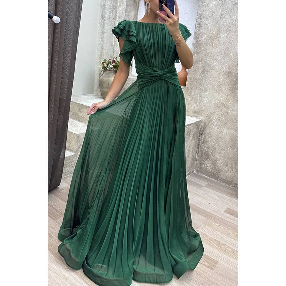Women's dress chiffon dress new large petal sleeve pleated long skirt