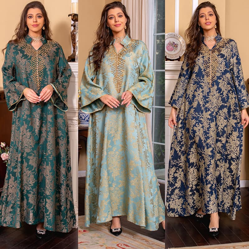 Women's Clothing Muslim Evening Gown Jacquard Embroidery Dress Beading Fashion Kaftan Arabian Dubai Robe