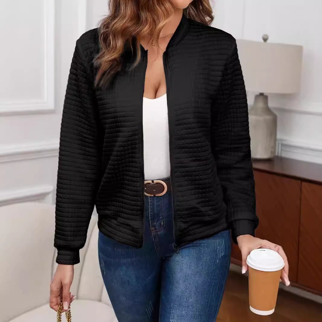 Trendy Checkered Zip-Up Jacket For Women – Korean-Style Casual Outerwear, Lightweight Polyester-Spandex Blend