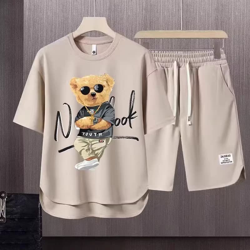 Men's Clothing 2024 Waffle Casual Summer Suit Men's Loose Teen Short sleeved T shirt Shorts Handsome Two piece Suit