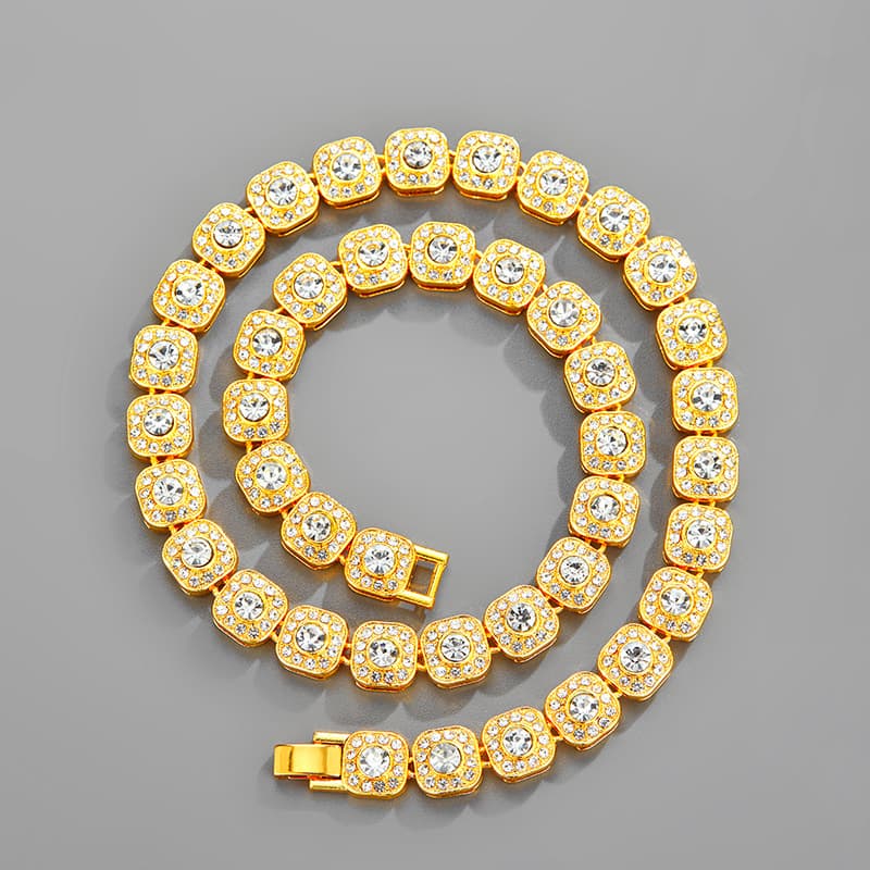 Square rock candy chain, niche, versatile alloy water diamond, 10mm rock candy necklace, male