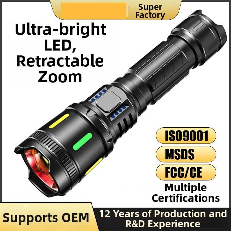 Tactical Flashlight Long Lasting Emergency Lighting Multi-Functional Zoom High Intensity For Outdoor Security & Protection