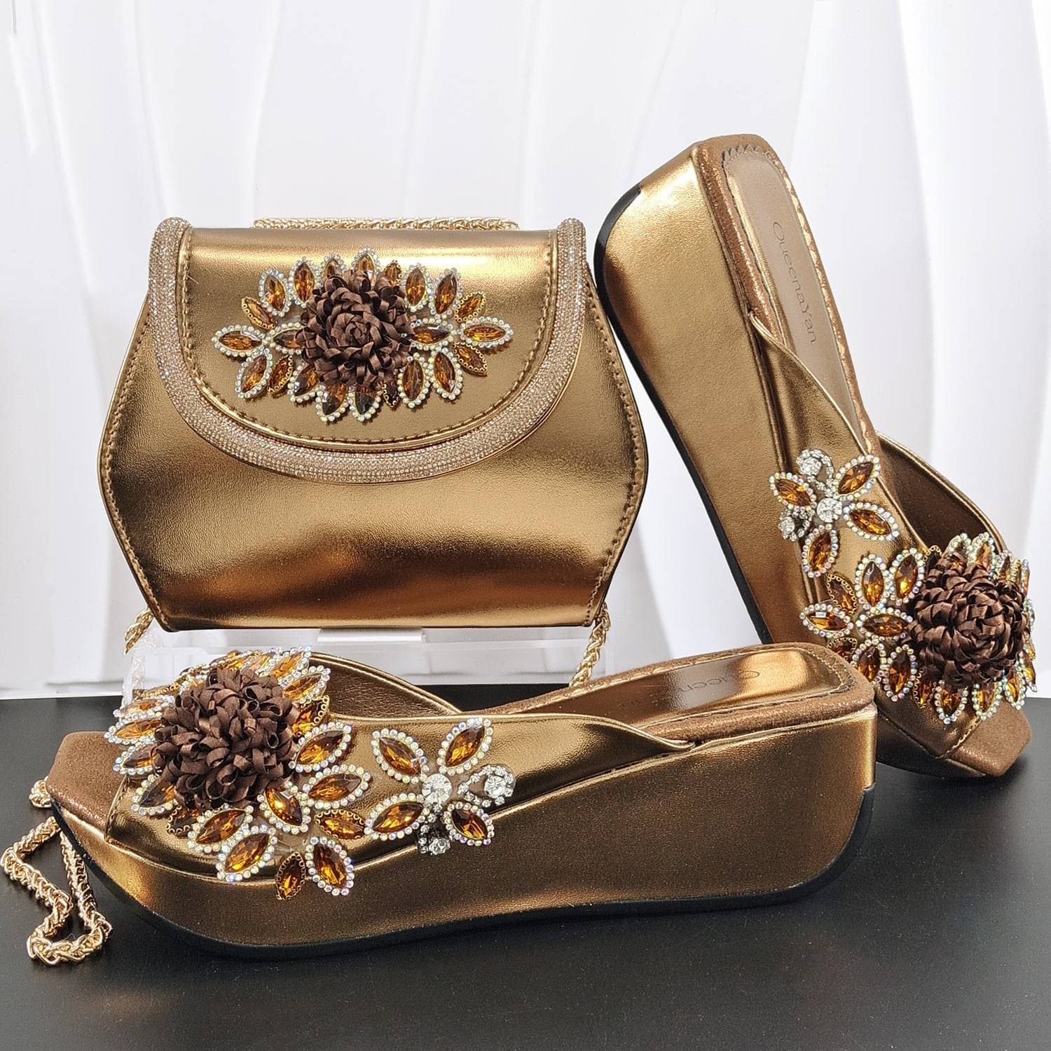 Women's Dress Shoes With Gem Flower Toe-Open Sandals And Chain Strap Bag Combo Slip-On Casual Footwear Set