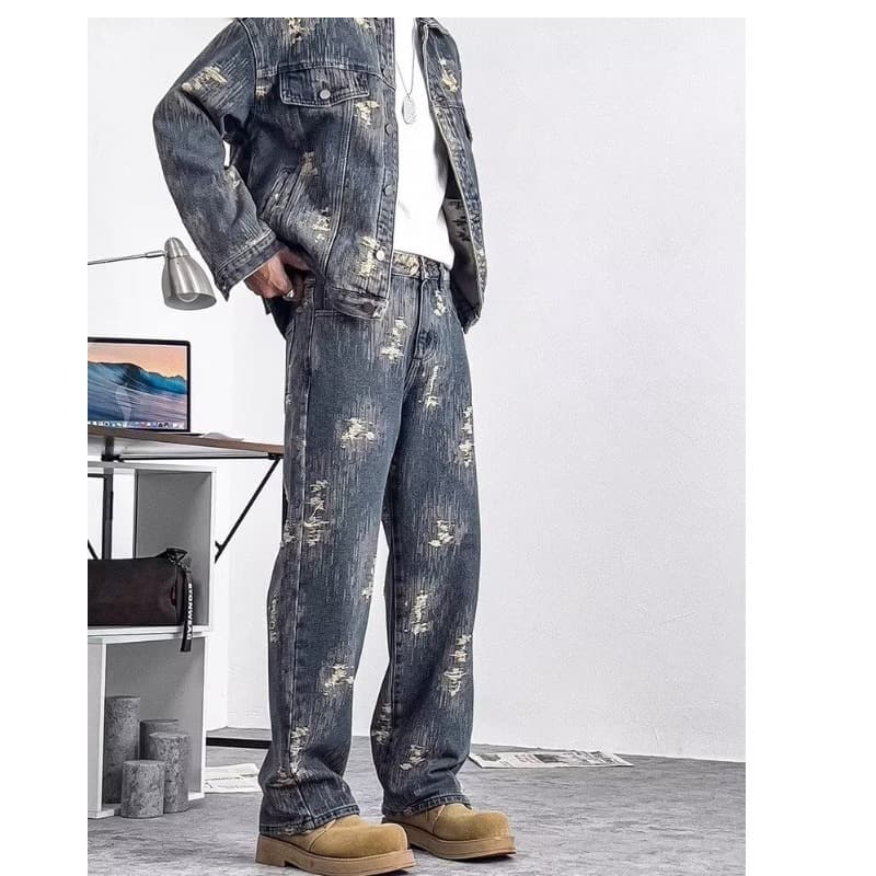 Men's Clothing Spring And Autumn New Jacquard Denim Jacket Suit Men's Handsome Retro High End Loose Casual Trousers