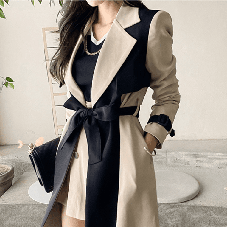 Women's Waist Goddess Temperament Splicing Over The Knee In The Long Coat Coat