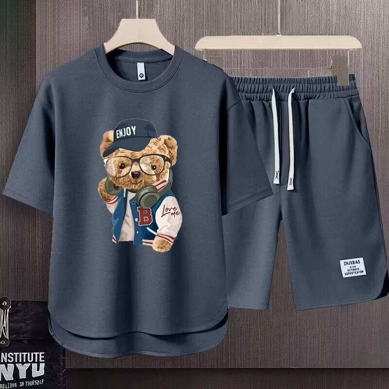 Men's Clothing Bear short sleeved T shirt men's summer ins brand loose shorts basketball uniform set running sports suit couple outfit