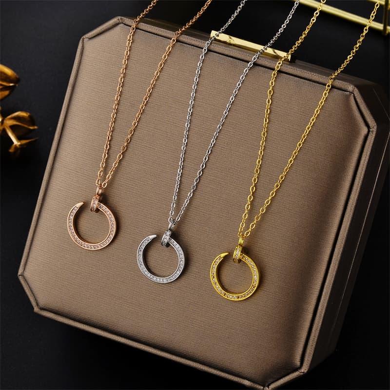 Rose gold inlaid necklace with full diamond nails, luxurious and simple fashion curved nail pendant, collarbone chain