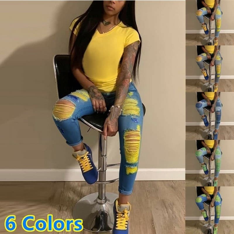 Women's Clothing new street fashion skinny pants light color hole stretch jeans for women