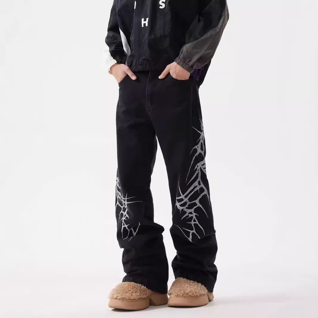 Men's Clothing American street embroidery niche versatile loose straight jeans men's casual trousers black men's handsome trend