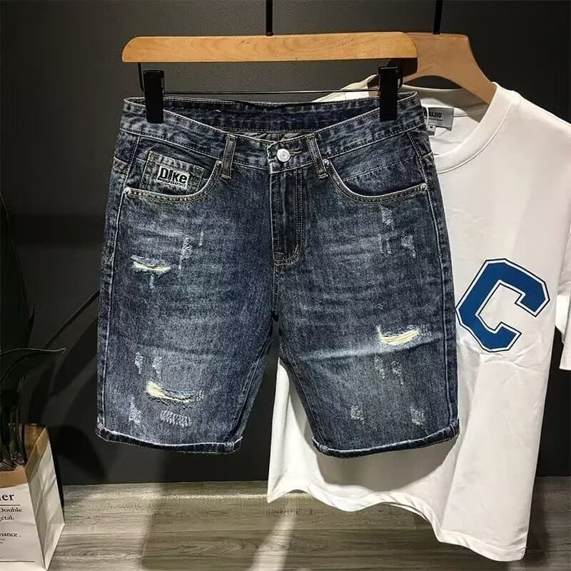 Men's Clothing Distressed Denim Shorts - Korean Style Oversized Straight Cut With Embroidery & Ripped Details, Comfortable Summer Casual Shorts