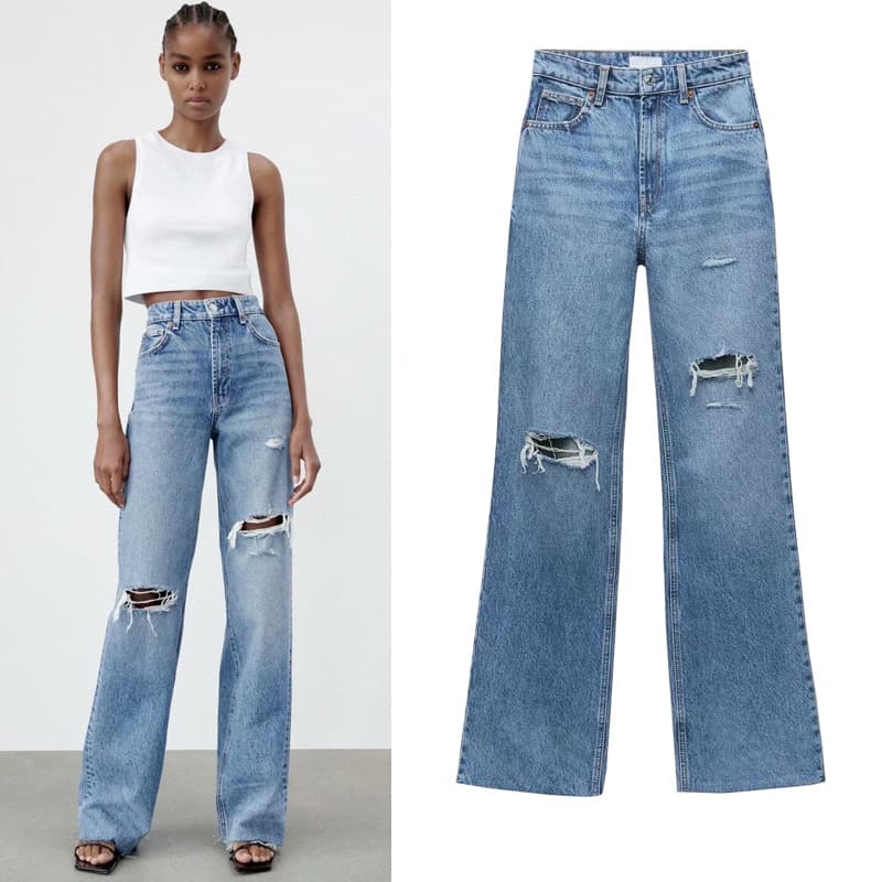 Women's Clothing New Slim High Waist Straight Trousers Ripped Decorative Wide Leg Jeans