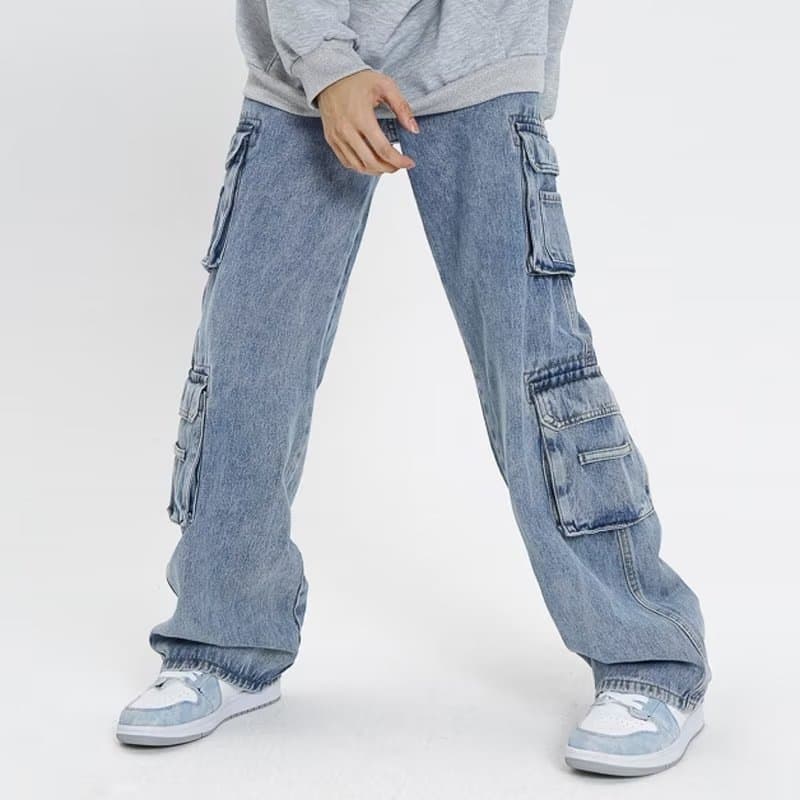 Men's Clothing Fashion Brand Workwear Men's Multi Pocket Heavyweight High Street Jeans Casual Pants Design Retro Spring And Autumn Pants Blue