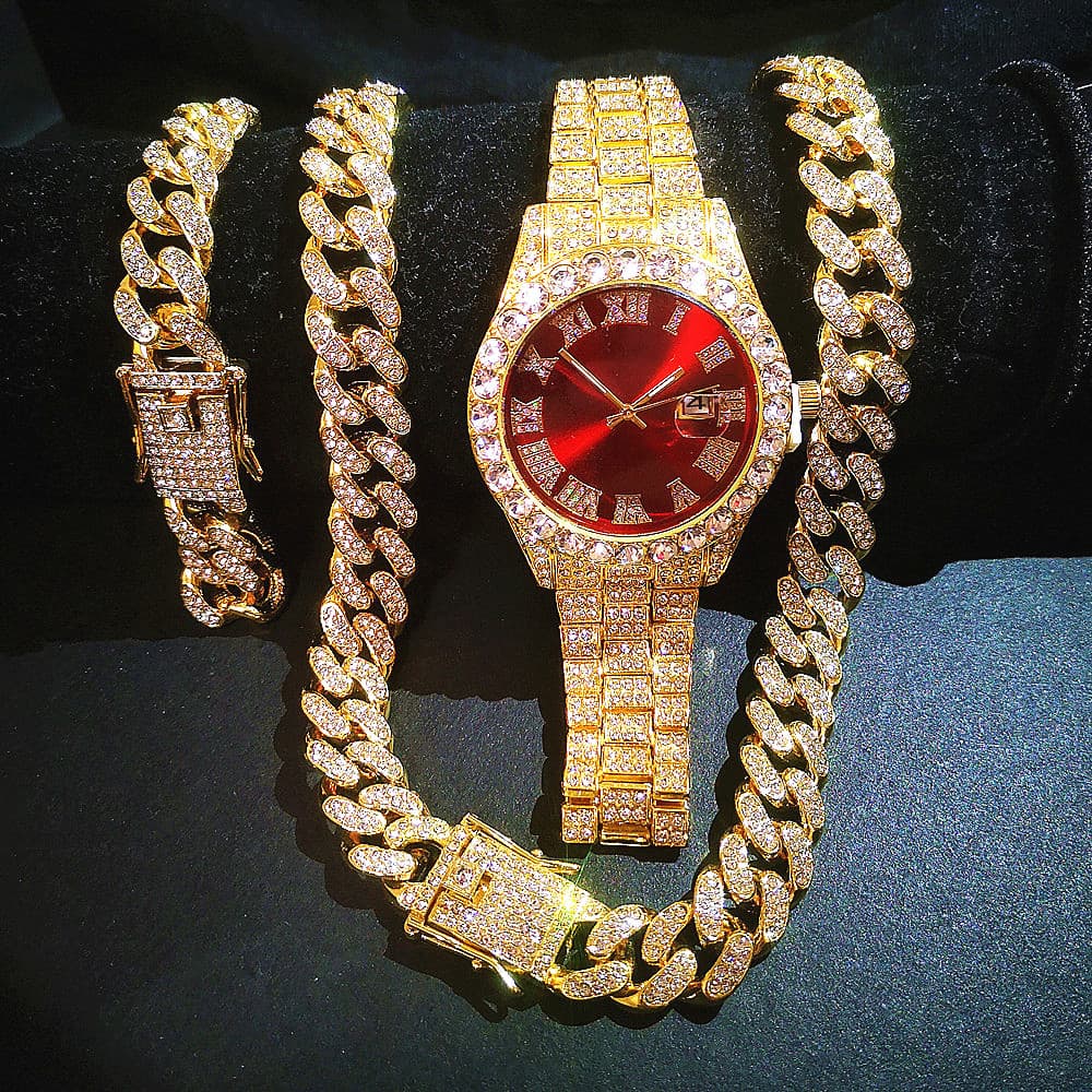 Full Iced Out Watch Mens Cuban Link Chain Bracelet Necklace Choker Bling Jewelry For Men Big Gold Chains Hip Hop Men Watch Set