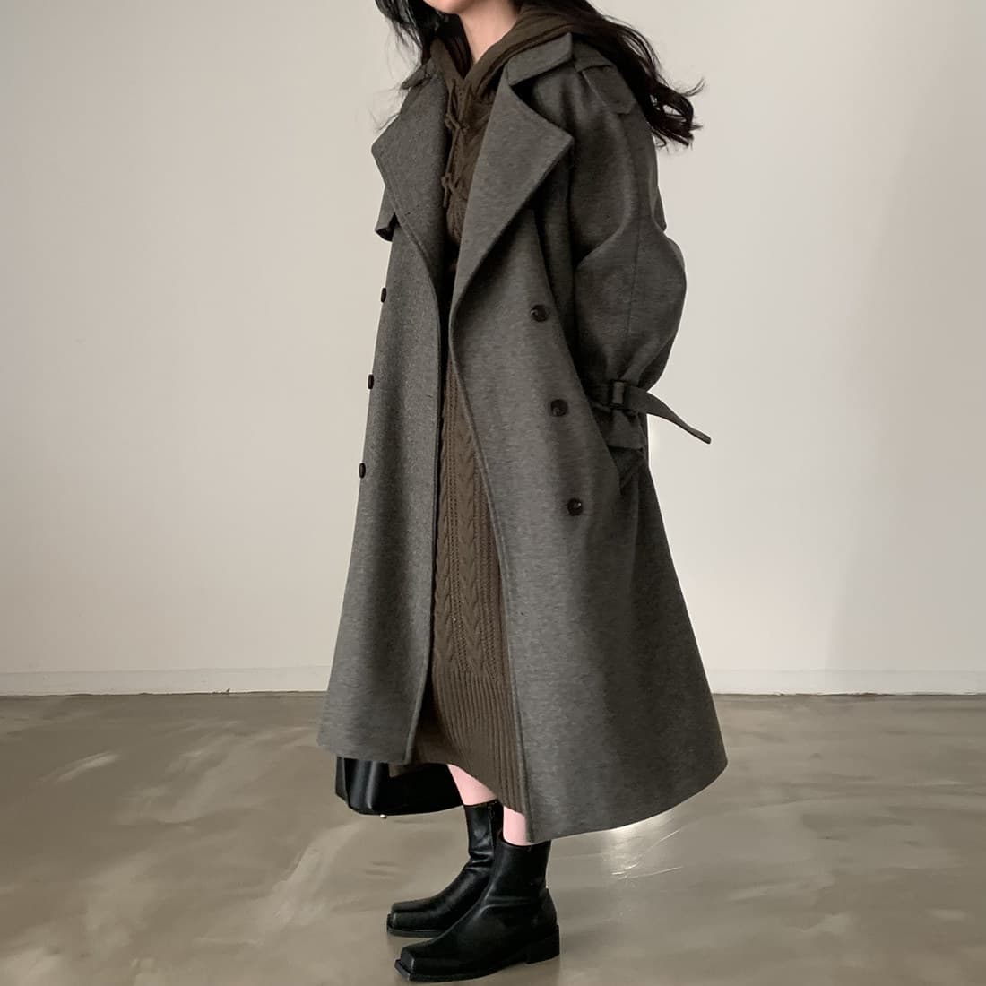 Chic Korean Winter Coat – French-Inspired Long Wool Blend Trench With Double-Breasted Belt, Oversized Lapel & Thick Warm Fabric