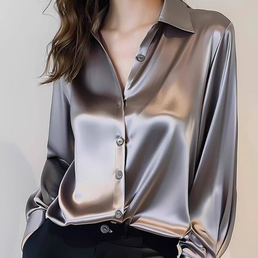 French-Inspired Satin Shirt For Women – Long Sleeve Polyester Blouse With Elegant Polo Collar (S-3XL, 14 Colors, Lightweight Office Wear)
