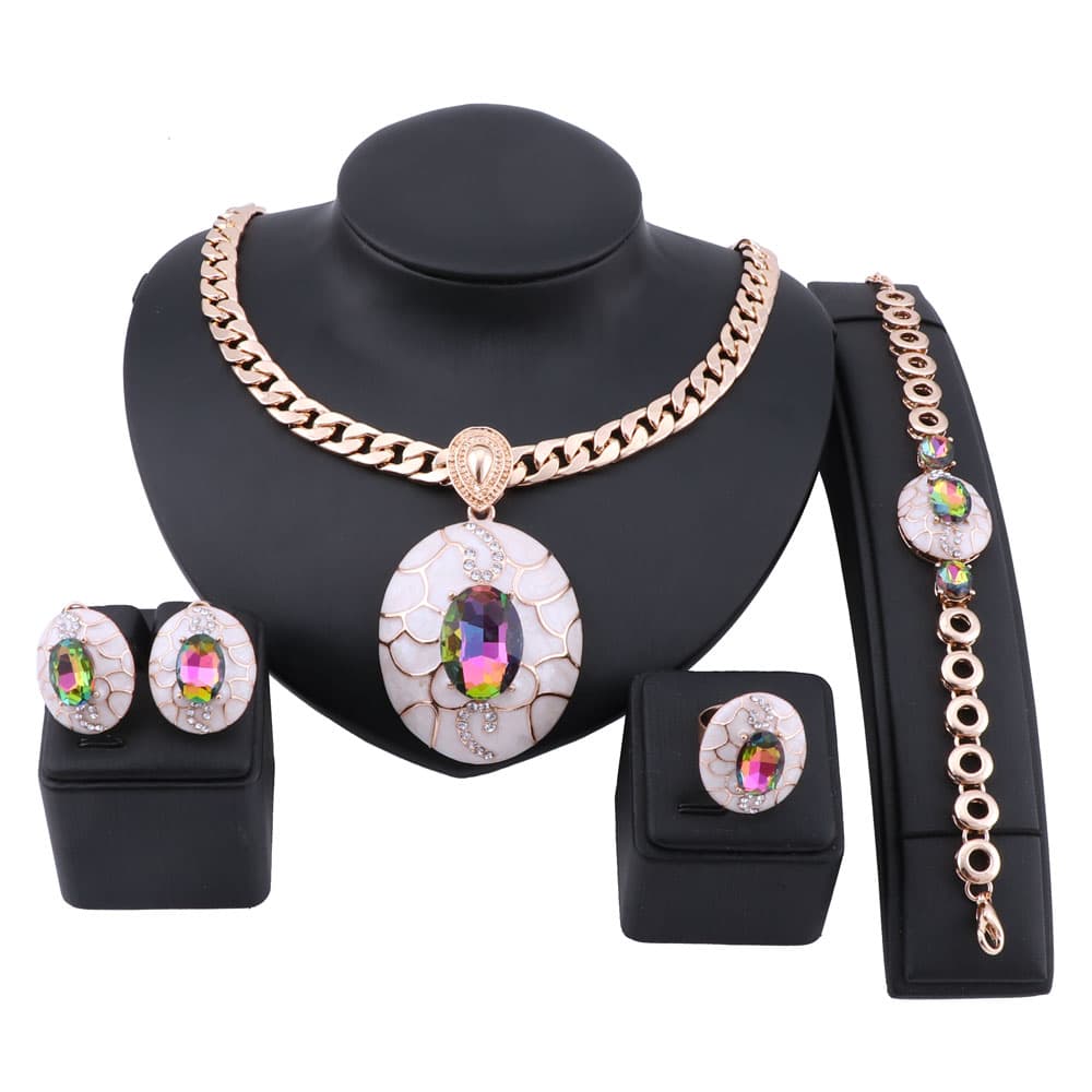 Exquisite Dubai Gold Crystal Enameled Brand Nigerian Wedding Woman Bridal Party Necklace Earring Jewelry Set