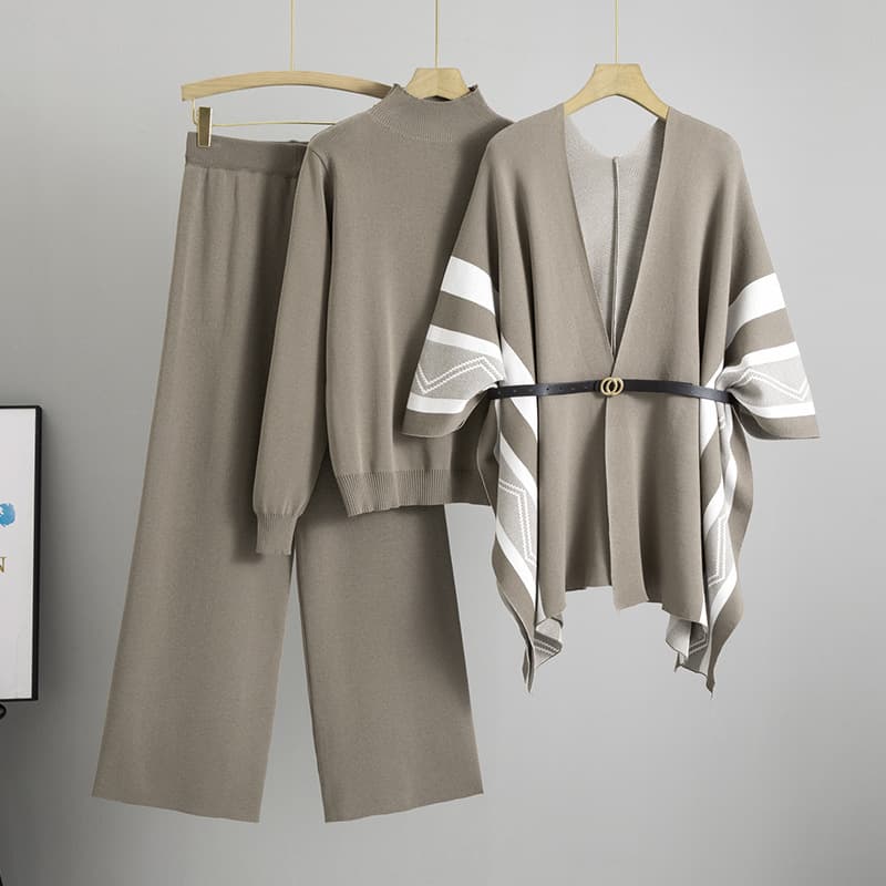 Women's Clothing Fashion Knitted Shawl Cardigan Turtleneck Sweater Wide Leg Pants Three Piece Set