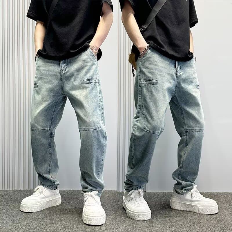 Men's Heavyweight Retro Distressed Denim Jeans Casual Straight Leg Loose Wide Leg Pants Trendy Autumn Fashion