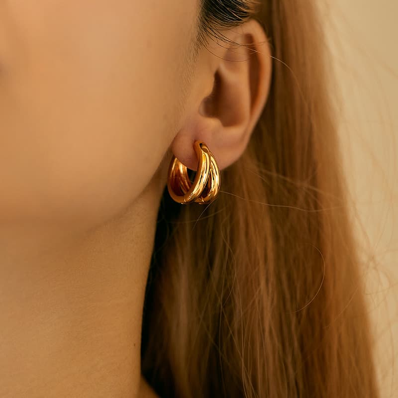 French High Grade Metal Style Retro Circle Plain Ring Copper Plated K Real Gold Business All Match Chic Earrings