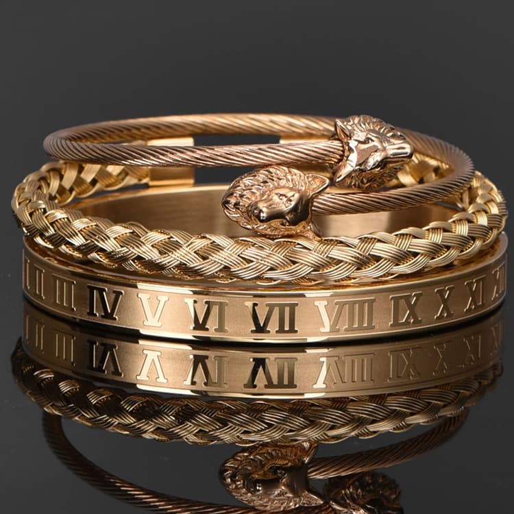 Bangles Bracelet Viking Wolf Three Piece Set Stainless Steel Wire Braided Rope Roman Numeral Bracelet