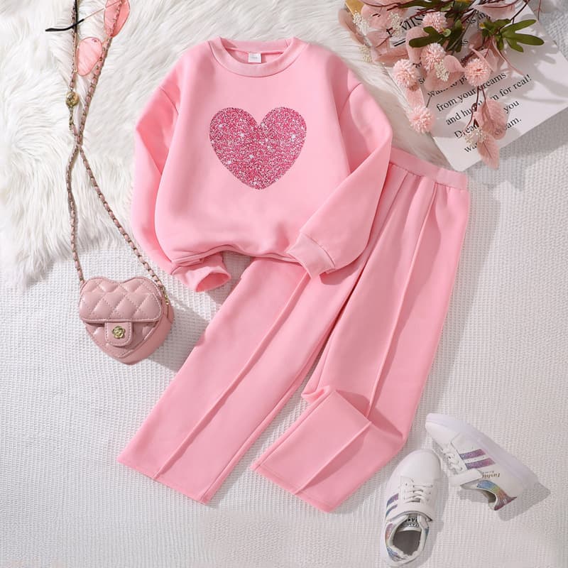 Girls' Spring Style Two Piece Set Long Sleeved Sweatshirt And Fleece Lined Pants Children's Clothing For Ages 3-12